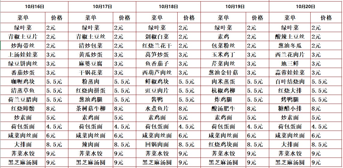 2023学年第一学期第八周菜单
