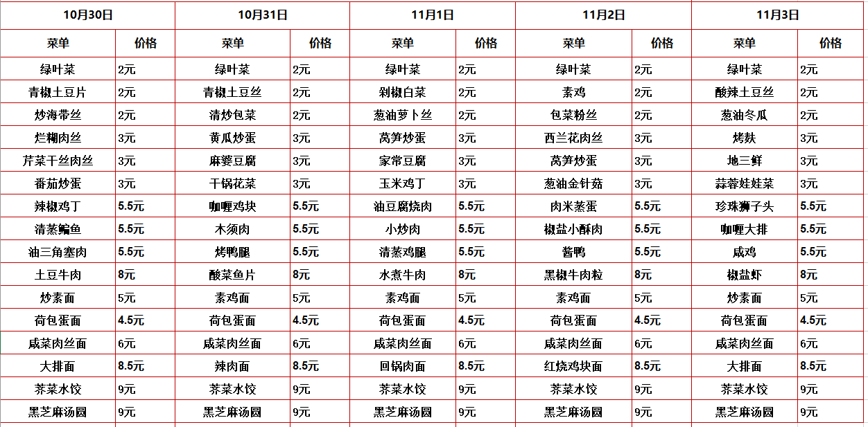 2023学年第一学期第十周菜单