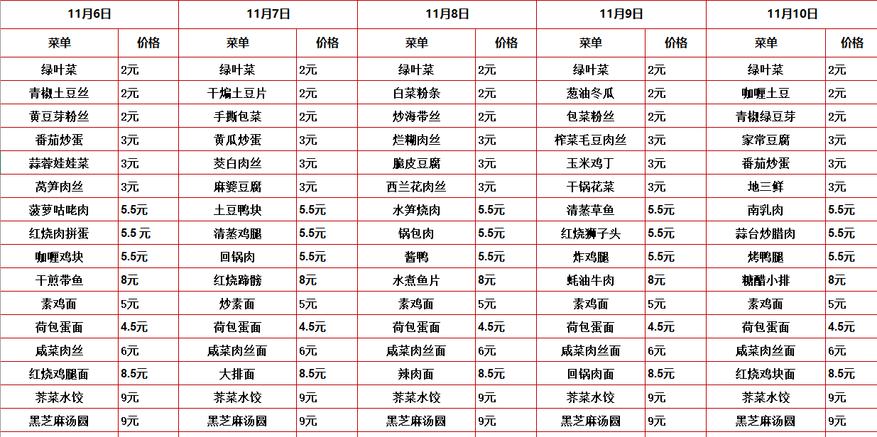 2023学年第一学期第十一周菜单