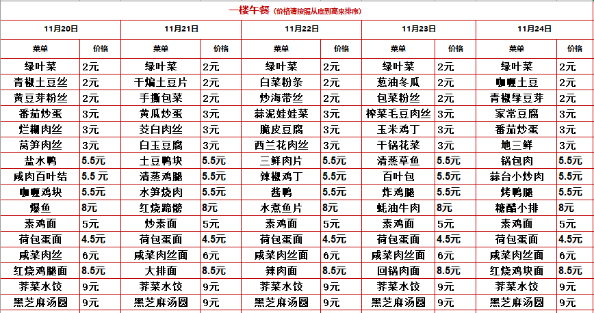 2023学年第一学期第十三周菜单
