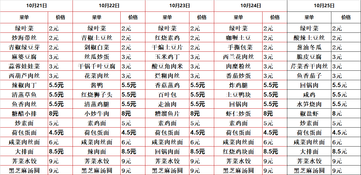 2024学年第一学期第八周菜单