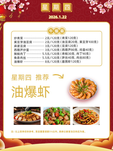 2025学年第一学期第二十一周菜单